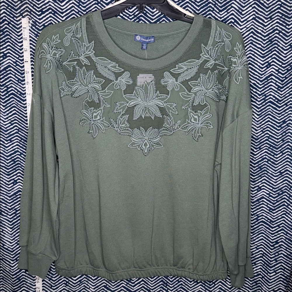 Democracy Olive Floral Embroidered Sweatshirt